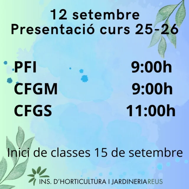 🎉 Inici de curs 2025-2026 🎉

📅 Divendres 12 de setembre tindrem les presentacions:

🔹 9:00h → Grups del PFI i CFGM
🔹 11:00h → Grups de CFGS

📍 Ens retrobem al centre per donar el tret de sortida al nou curs! 💫

🚍 Hi haurà servei de bus urbà disponible

#fp #pfi #cfgm #cfgs #educació #inicicurs #curs2526